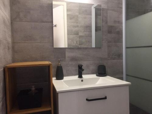La salle de bains est pourvue d'un lavabo blanc et d'un miroir. dans l'établissement Maison Gruissan, 2 pièces, 6 personnes - FR-1-229-839, à Gruissan
