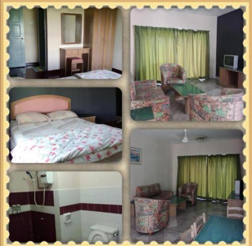 4 fotos diferentes de un dormitorio y una cama en PD MARINA RESORT 2 en Port Dickson