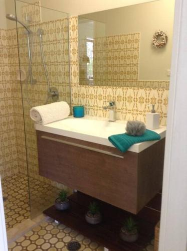 a bathroom with a sink and a shower at Seascape in Forster