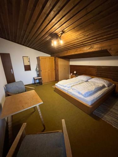 a bedroom with a bed and a chair in it at Dachgeschoss-Apartment in Skilift-Nähe in Zell am See