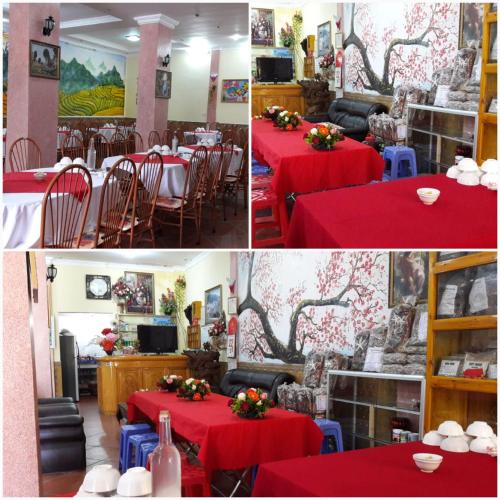 four pictures of a restaurant with red tables and chairs at Quê Hương house in Sa Pa