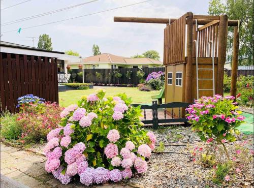 a garden with pink flowers and a wooden fence at Peaceful House with Kids Playground in Motueka