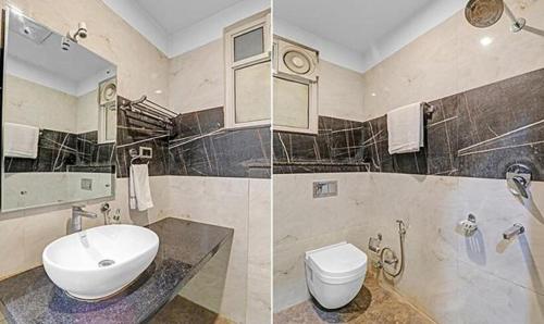 two pictures of a bathroom with a sink and a toilet at FabHotel Sam Inn in Lucknow