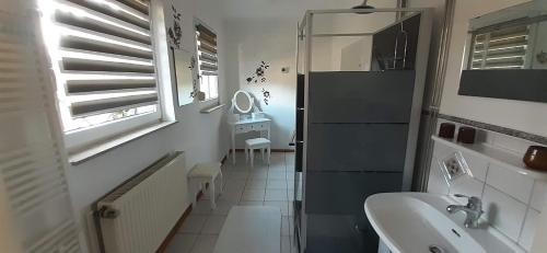 La salle de bains blanche est pourvue d'un lavabo et d'un miroir. dans l'établissement Fewo Zum alten Bergdoktor, à Bad Liebenstein