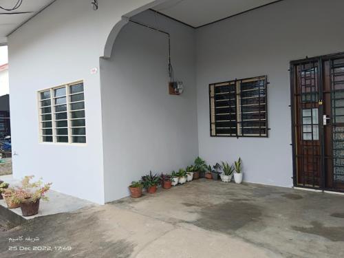 een witte kamer met potplanten en een raam bij EMBUN 2 LANGKAWI HOMESTAY in Pantai Cenang