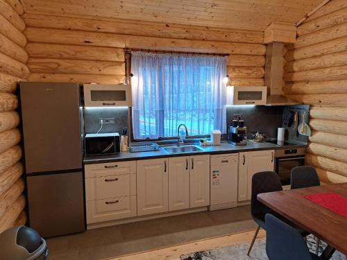 a kitchen with a refrigerator and a sink in a cabin at Вила Брезите in Pamporovo