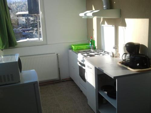 a kitchen with a stove and a counter top at Casa Oriana in Predeal