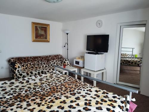 a living room with a leopard print couch and a television at Casa Oriana in Predeal