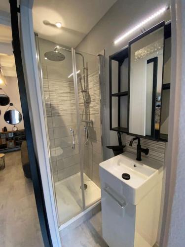 une salle de bain avec une douche, des toilettes et un lavabo dans l'établissement Studio industriel proche gare, à Sète