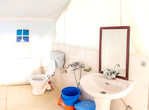 a bathroom with a sink and a toilet and a mirror at Desert Oasis Camp in Hundar