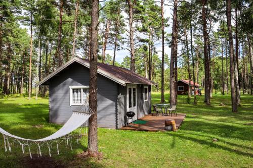 a small shed with a hammock in front of it at Ungru Holiday Houses in Suuresadama