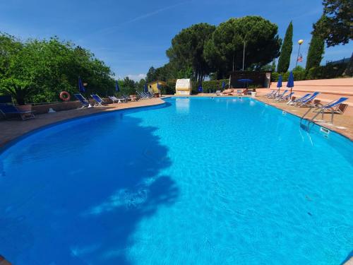 a large blue swimming pool with chairs and trees at Toscana Holiday Village in Montopoli in Val dʼArno