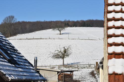 a snow covered field with a fence and a house at Ferienbauernhof Brandt 