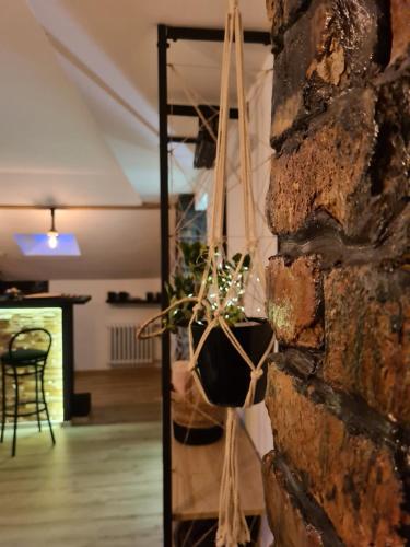 Habitación con pared de piedra y maceta. en Gondola Apartment en Sarajevo