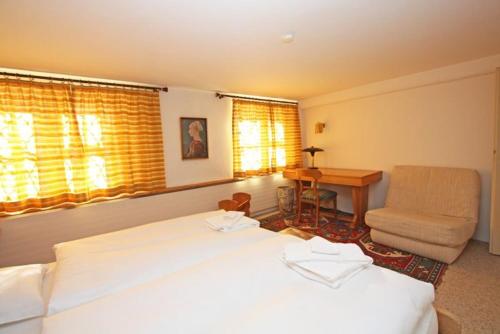 a bedroom with a bed and a desk and a chair at Chesa Sonnenuhr in Madulain