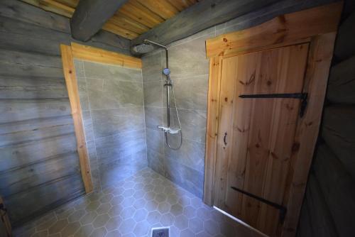 a bathroom with a shower and a wooden door at Ungru Holiday Houses in Suuresadama