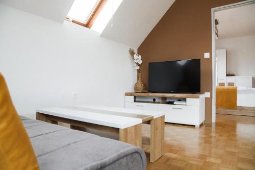 a living room with a couch and a tv at Miadora apartments - Apartma Bela štorklja in Moravske Toplice