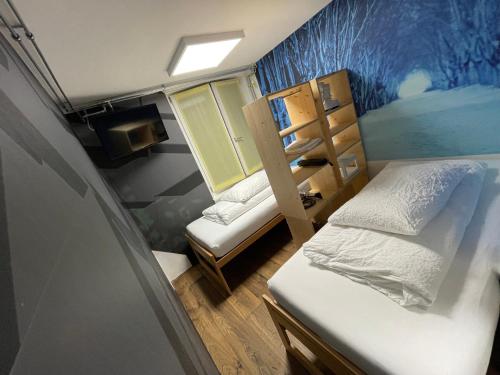 kleiner Schlafsaal mit einem Bett und einem Etagenbett in der Unterkunft Hotel16 by Messe & Stadion Suisse in Minuten & Late Check-in in Bern