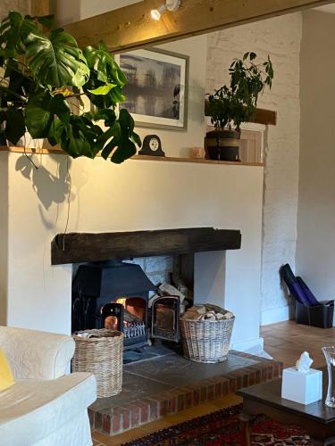 a fireplace in a living room with a fire place at The Long Barn in Baltonsborough