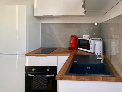 a small kitchen with a sink and a microwave at Sur les toits de Nîmes in Nîmes
