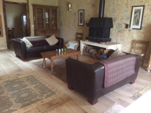 a living room with a couch and a fireplace at Chai Gascon in Termes-dʼArmagnac