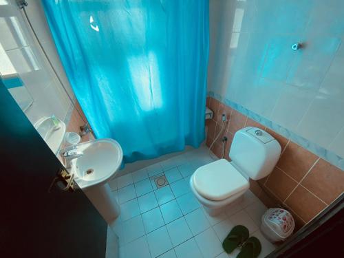 y baño con cortina de ducha azul y aseo. en PAN EMIRATES HOTEL APARTMENTS, en Sharjah