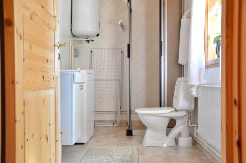 a bathroom with a white toilet and a sink at Villa Franca Maria in Rättvik