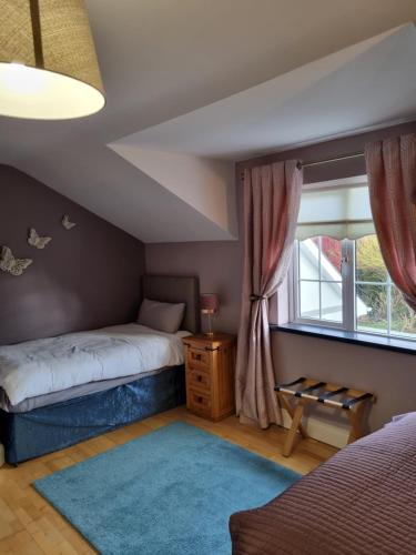 Highfield house bed and breakfast COLLINSTOWN في Collinstown: غرفة نوم بسريرين ونافذة