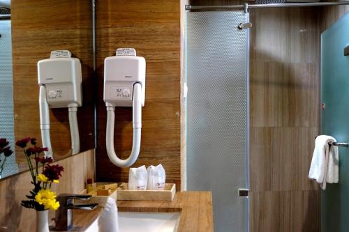 a bathroom with a sink and a shower and a mirror at Ros-In Hotel in Yogyakarta