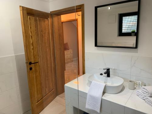 La salle de bains est pourvue d'un lavabo et d'un miroir. dans l'établissement Pine Tree Holiday House, à Gozd Martuljek
