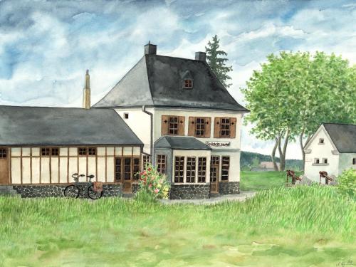 a painting of a house in a field at Kleines Bahnhofshotel (Gästezimmer) in Greifenstein
