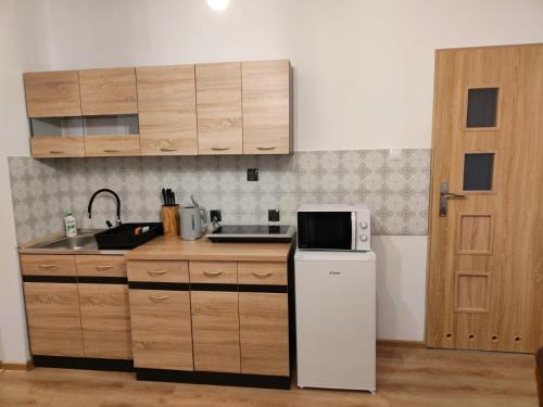 a small kitchen with a microwave and a refrigerator at Domek nad Potokiem in Rzyki