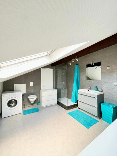 a bathroom with a sink and a washing machine at Pin's - Magnifique appartement in Sarrebourg