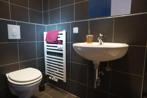 a bathroom with a sink and a toilet at Pension Mädchenkammer in Berlin