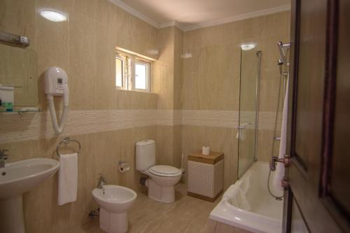 a bathroom with a toilet and a sink and a shower at Treasure Cove Hotel & Restaurant in Bel Ombre