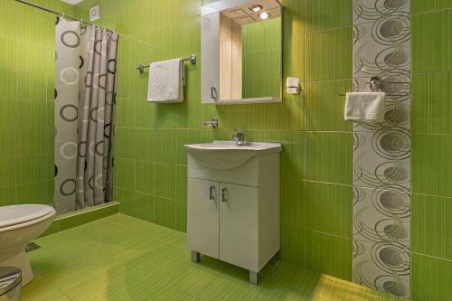 bagno verde con lavandino e servizi igienici di Bed & Breakfast Park Gate a Vranje