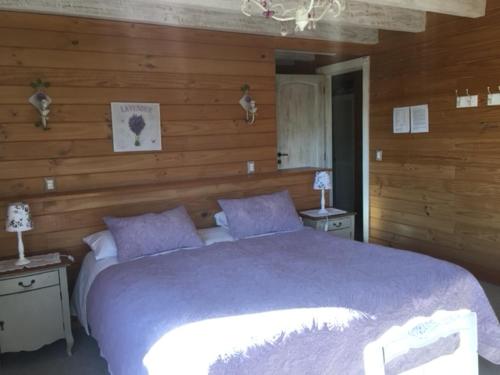 a bedroom with a large bed and wooden walls at B&B de German in Pucón