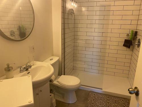 a bathroom with a toilet and a sink and a shower at Magnifique centenaire rénovée, air climatisé, arcade, 3 chambres fermées in Austin