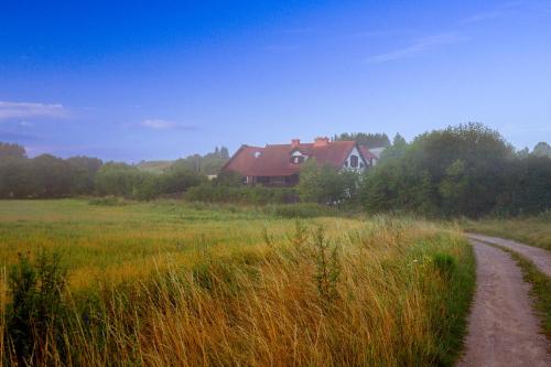 a house in the middle of a field with a dirt road at Willa SPAcja in Wężówka