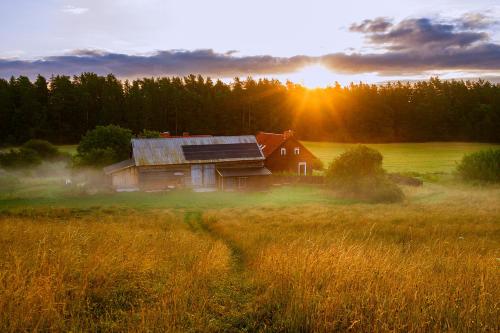 an old barn in a field with the sun setting at Willa SPAcja in Wężówka