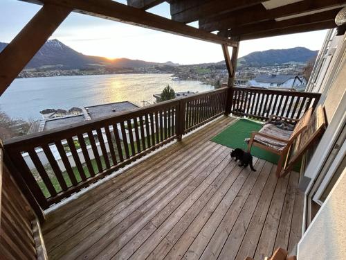a cat sitting on a deck with a bench and a table at Ferienwohnung Lechnerhof in Tiefgraben