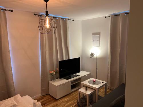 a living room with a flat screen tv and a table at Zentrales charmantes Apartment im Altstadtkern in Bayreuth