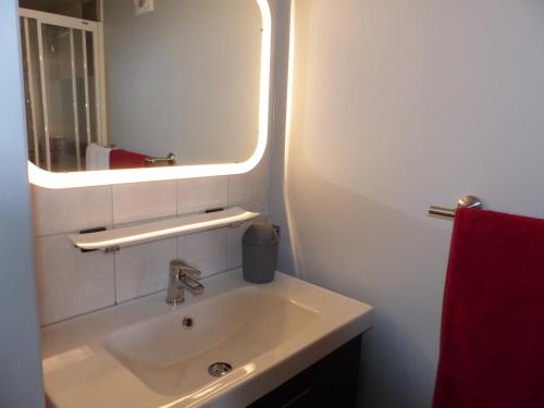 La salle de bains est pourvue d'un lavabo et d'un miroir. dans l'établissement Au Ptit Coquelicot, à Houyet