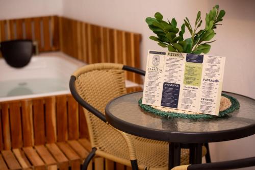 a table with a potted plant on top of it at Entre Palmas Casa Hotel in Santa Fe de Antioquia