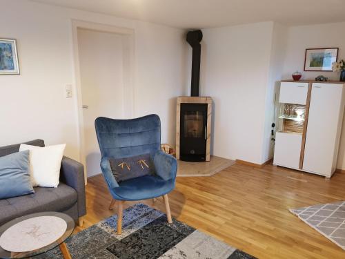een woonkamer met een blauwe stoel en een open haard bij Ferienhaus Franken Weinparadies in Obernbreit