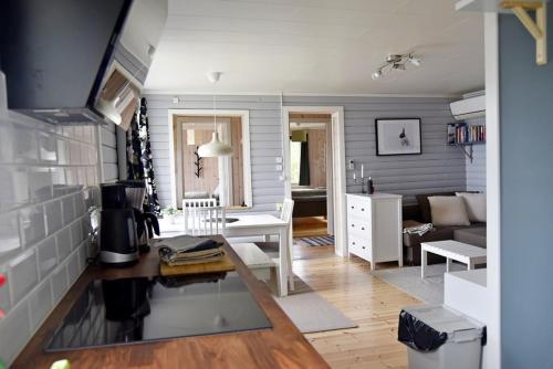 a living room with a couch and a table at Lakeside cottage in Lapland with great view in Skaulo