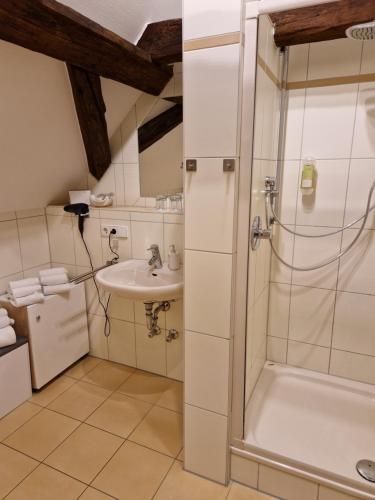 La salle de bains est pourvue d'une douche et d'un lavabo. dans l'établissement Landgasthof Krone, à Senden