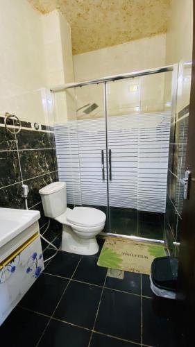 a bathroom with a toilet and a glass shower at Petra Rose Apartment in Wadi Musa