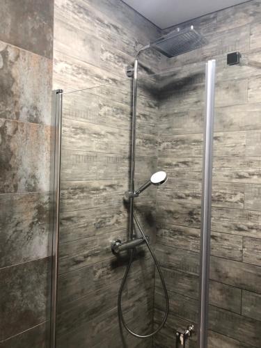 a shower in a bathroom with a wooden wall at Однокімнатна квартира in Umanʼ