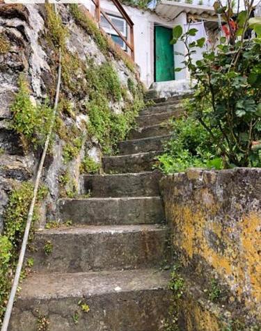 a set of stone stairs with a green door at Relaxing house by the beach - Casa Rosa in Horta